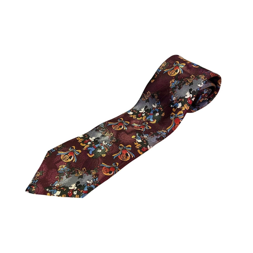 Vintage Mickey Unlimited Disney Christmas Tie Burgundy Goofy‎ Donald Holiday